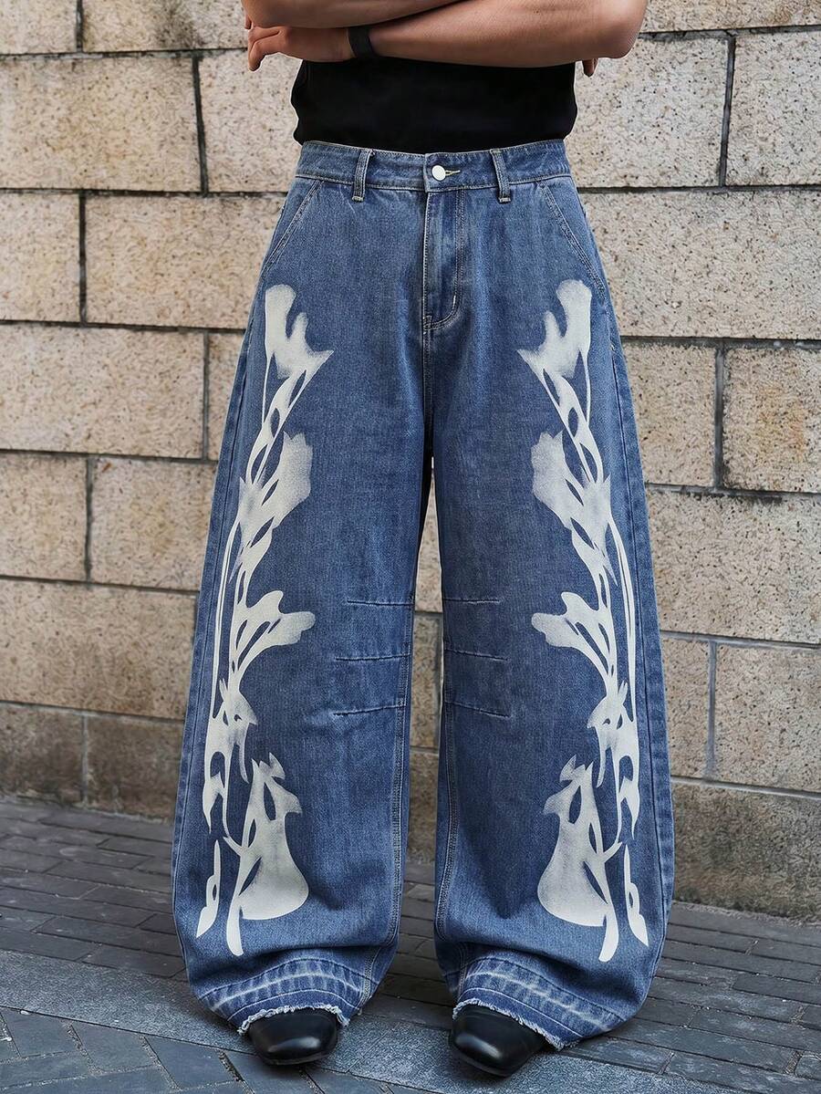 1 pieza Jeans de pierna ancha y corte holgado con estampado retro punk para hombre, estilo callejero - Azul - Ver 1