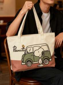 SNOOPY 1pc Striped Canvas Tote Bag Set, Large Capacity Multifunctional Shoulder Bag, Suitable For Commuting, Casual And Travel, Cute Daily Bag, Perfect Gift For Back To School, Birthday, Valentine's Day And Mother's Day - A - View 5