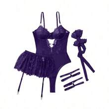 Lilosy Sexy Stocking Rhinestones Heart Garter Underwire Floral Mesh Lace Sheer Babydoll Lingerie Teddy Bodysuit Skirt Set - 深紫色 - 查看 4