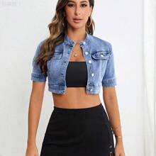 jianchaimaoyi02   Blusa corta de mezclilla de manga corta con botones delanteros lisos - Blanco - Ver 2