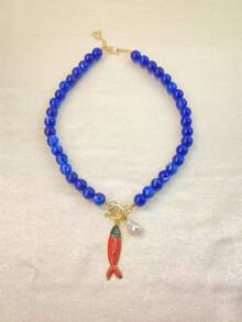 ZA Collar de mujer con colgante de pez pintado a mano y cuentas| Estilo bohemio náutico multicolor Regalo de Pascua Joyería para fiesta en la playa - Pez de metal C - Ver 8
