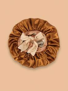 Double Layer Colorblock Satin Sleep Cap Wig Cap - Elastic Fabric Long Strap Hat In Black and Rose Red - View 6