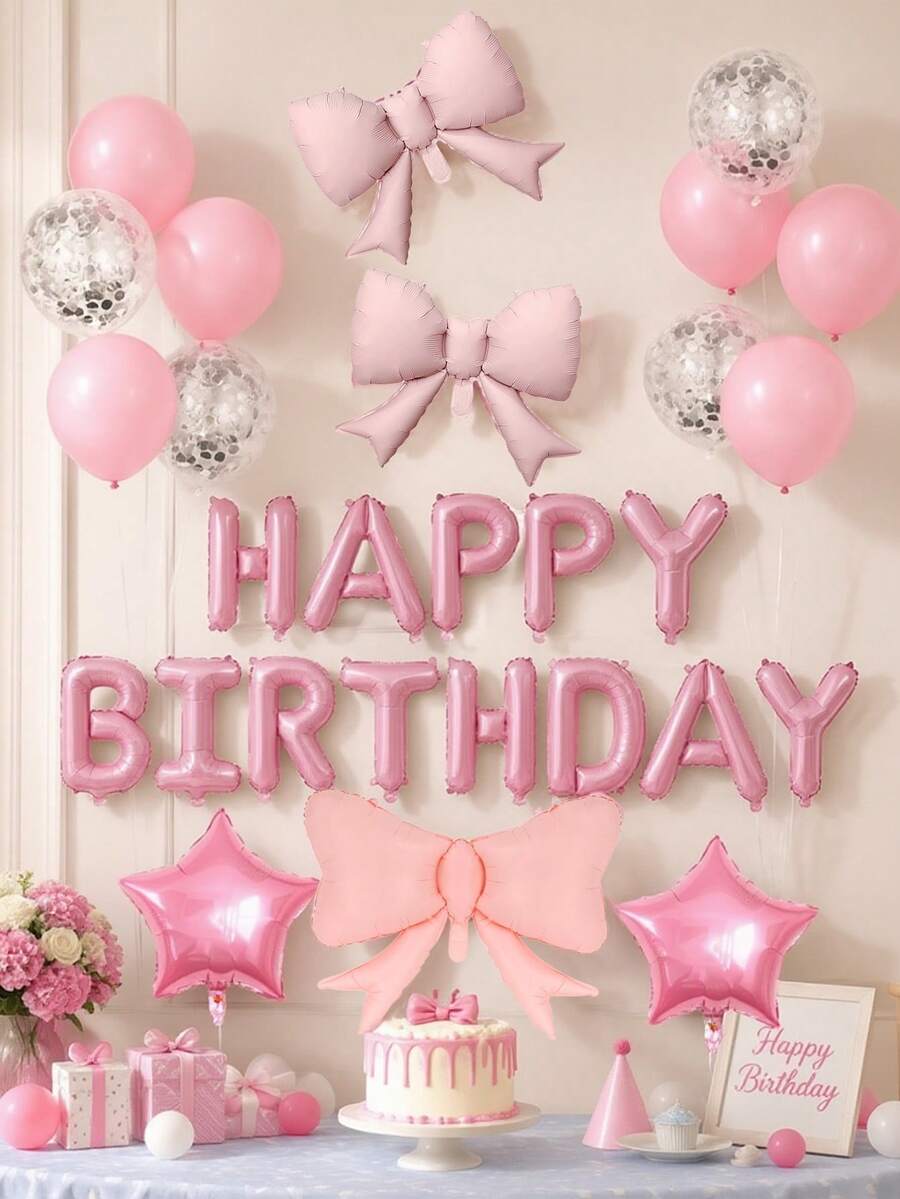 28件組生日派對氣球套裝,16英吋粉色HAPPY BIRTHDAY字母氣球、蝴蝶結鋁箔氣球、星星氣球、粉色乳膠氣球、12英吋銀色鋁箔亮片乳膠氣球,適用於生日派對、嬰兒洗禮裝飾 - 粉紅色套裝 - 查看 1