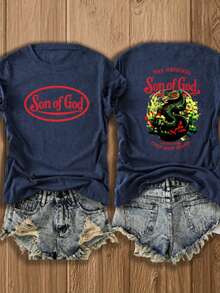 Women's Casual Cotton Round Neck Long Sleeve T-Shirt 'Son Of God' Graphic Tee - 藏青色1 - 查看 1