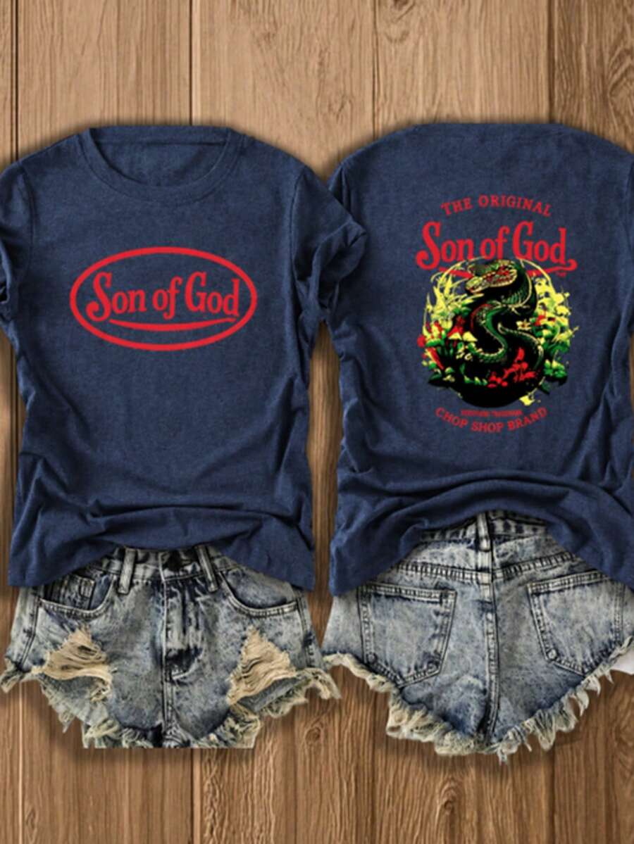 Women's Casual Cotton Round Neck Long Sleeve T-Shirt 'Son Of God' Graphic Tee - 藏青色1 - 查看 1