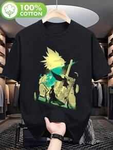 Camiseta para Hombre Inspirada en el Videojuego Fantasy Battle VII _ Camiseta Negra de Manga Corta Suave con el Logo de VII y Personajes Icónicos, Corte Regular, Camiseta Casual para Gamers, - Negro - Ver 1