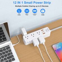 電源延長線防雷插座，5英尺延長線，9個插孔含3個USB埠(1個USB-C埠)，三面插座擴展器，壁掛式設計適用於旅行、居家、學校、大學宿舍及辦公室 - 查看 5