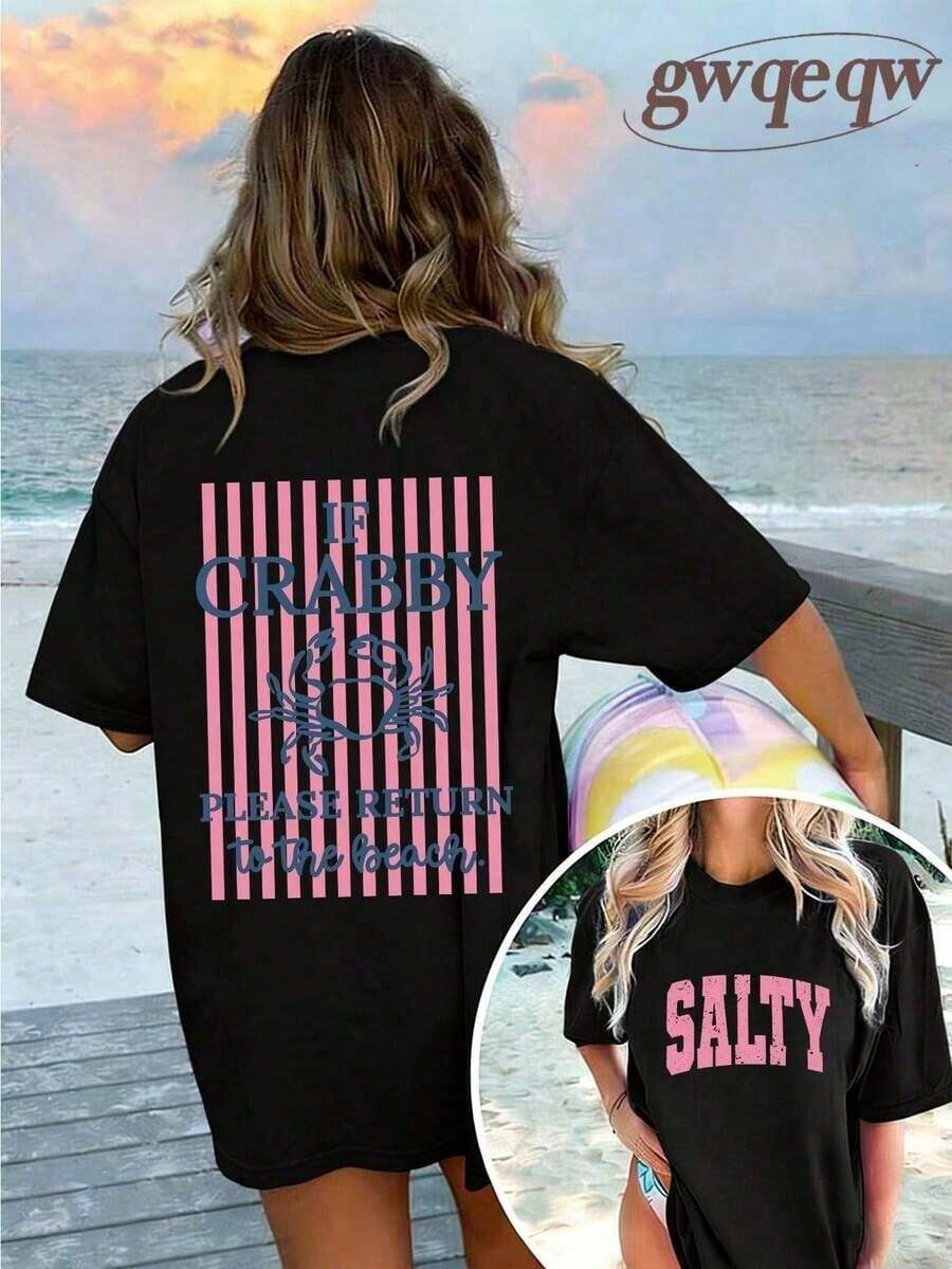 Ultra Comfort Luxe Fabric Women's Tee2026 Tropical Vacation OutfitsWomen's If Crabby Please Return To The Beach Graphic Oversized Tee,Oversized Beige Casual Summer Top, Beach Vacation Fits F - 黑色 - 查看 1