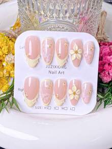 10 Peças Unhas Postiças Feitas à Mão para o Verão, Unhas Falsas em Formato de Amêndoa, Arte de Unhas em Estilo Renda Suave, Base Rosa Nude Pintada à Mão, Pontas Francesas Amarelo Leitoso, Flores 3D, Estampas de Renda, Decoração com Contas Douradas, Acabamento Gelatina Transparente, Design Versátil Suave & Requintado, Inclui Ferramentas de Unhas, Aplicação & Remoção Rápidas, Adequado para Encontros de Verão, Deslocamento, Etc., Pontas de Unhas em Formato de Amêndoa Exclusivas de Verão para Mulheres e Meninas - Amarelo - Visão 4