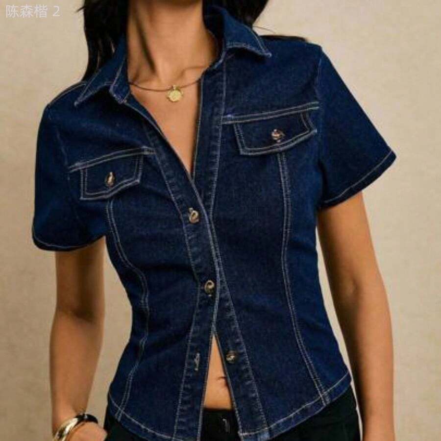 xuehuamaoyi02 Camisa vaquera de mujer de manga corta con cuello en V, decoración de remaches, ajuste ceñido, adecuada para el uso diario en verano - Azul lavado oscuro - Ver 1