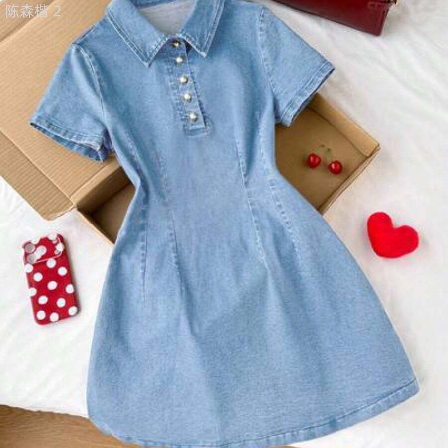 xuehuamaoyi02 Vestido corto de mezclilla de unicolor para mujer, estilo minimalista de moda para el verano - Lavado ligero - Ver 1