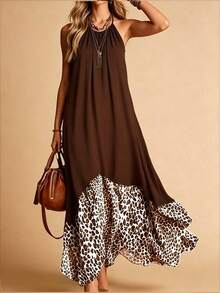 Elegaris Women's Long Dress For Spring And Autumn, Halter Neck Design, Solid Color And Leopard Print Patchwork, Casual Vacation Dress Elegant - Brown - View 3