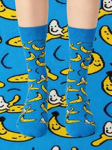 3 Pairs Unisex Novelty Banana Mid-Calf Socks, Fruit All-Over Print Personalized Fashion Socks, Sweat-Absorbing Breathable Spring/Summer Style - Multicolor - View 9