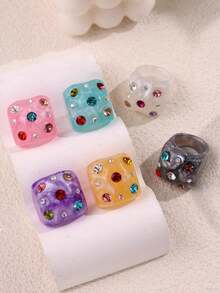6 piezas/Set de anillos de resina con incrustaciones de strass, diseño geométrico exagerado, colorido, versátil, creativo, único, elegante y de alta gama para mujer, uso diario, joyería para fiestas y vacaciones - Multicolor - Ver 3