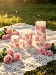 Pink Floral Print Cylindrical Candle, 1.96 Inch Romantic Rose Pink Pattern Design Candle, Smokeless Atmosphere, Decorative Candle, Perfect For Valentine's Day, Wedding Dinner, Birthday Party, Anniversary, Afternoon Tea, Picnic Scene, Home Decor - Pink Printed Column Wax - View 6