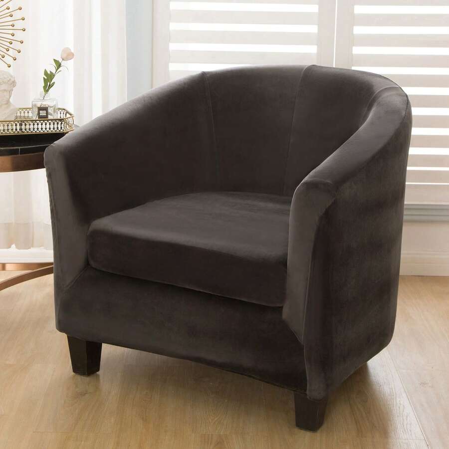 Elastic Armchair Cover For Bathtub Chairs, 2-Piece Set, Velvet Cover With Cushion Cover, Removable And Washable, Club Chair Cover For Office, Dining Room, Club Chair - Dark Grey - View 1