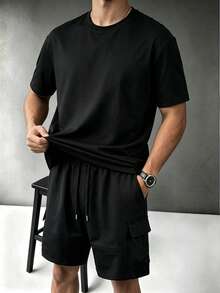 男士純色T恤與休閒工裝短褲兩件套，夏季通勤健身百搭套裝 - 黑色 - 查看 3