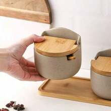 1pc/2pcs/3pcs Coarse Ceramic Japanese Vintage Flip-Top Seasoning Jar With Tray, Sugar, Salt, Spice Storage Jar Set With Spoon, Suitable For Home, Restaurant, BBQ, Hot Pot Restaurant, Etc. - Stoneware - View 7