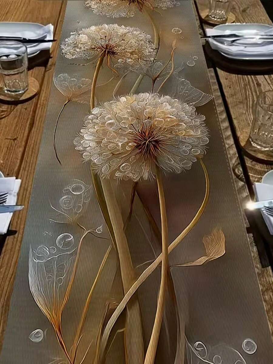 1pc Table Runner, Table Cover, Dandelion Design With Bubbles, Beige Tone, For Birthday, Wedding, Anniversary, Graduation, Housewarming And More, Suitable For Home, Restaurant, Cafe, Kitchen, Dining Table, Coffee Table, Buffet Table - Grey - View 1