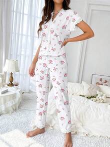 2件組優雅碎花女款睡衣套裝 V領蕾絲拼接家居服套裝 適合居家穿著 - 白色 - 查看 6