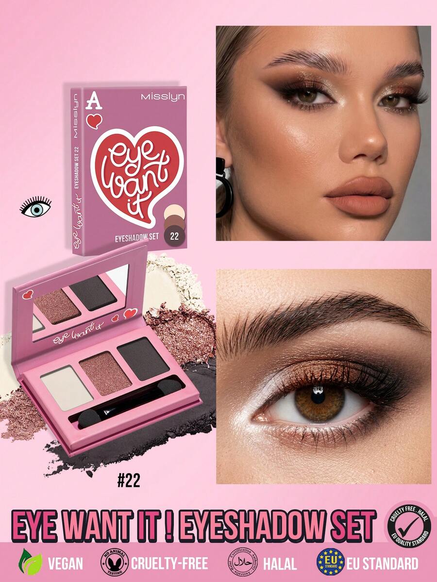 Misslyn 1件裝 EYE Want It 3色眼影盤，附鏡子與刷具，霧面亮片閃粉高顯色，質地柔軟易暈染，Y2K派對海灘旅行妝容，新年禮物，情人節禮物