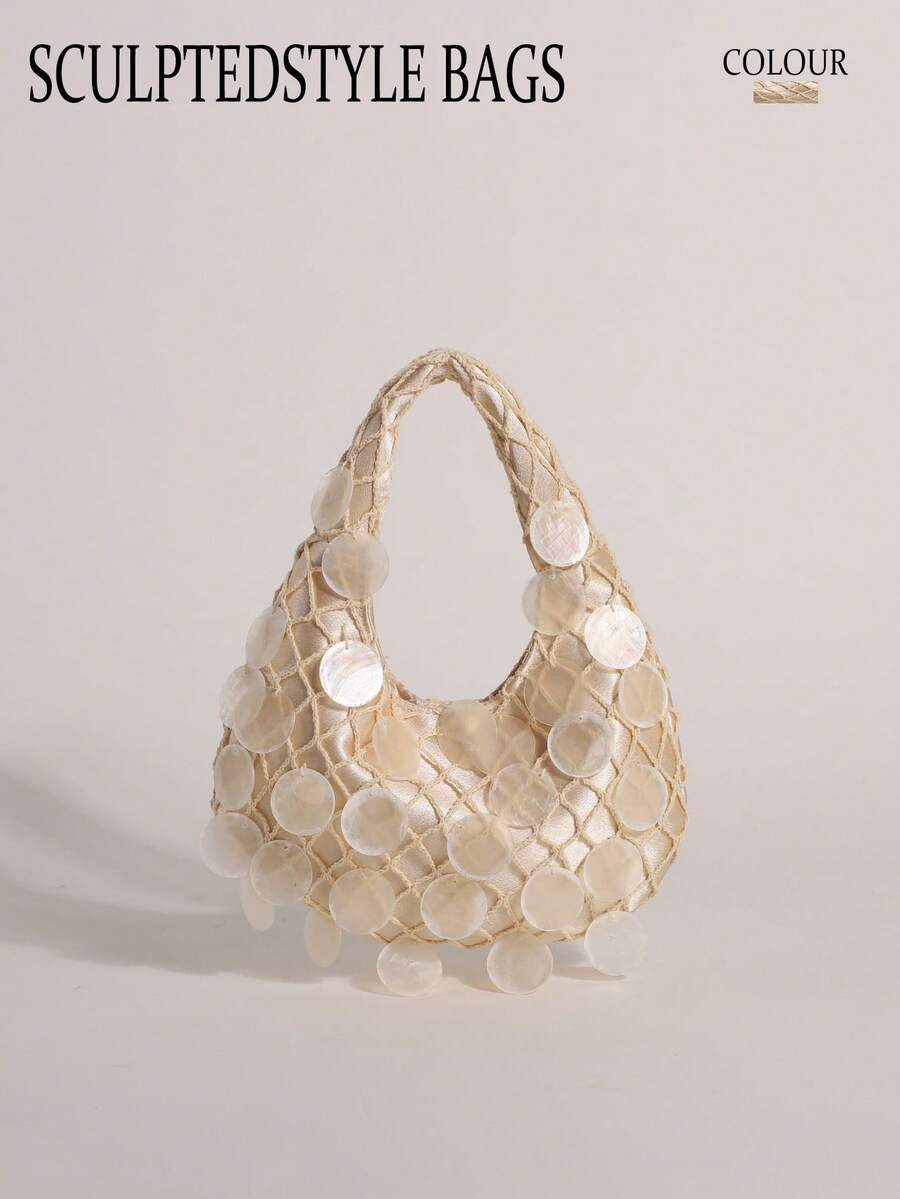 1 buah Tas Tangan Wanita Dekorasi Irisan Cangkang Alami Warna Beige, Tas Bulan Sabit Boho, Tas Pantai Gaya Liburan Irisan Cangkang Duyung Buatan Tangan, Tas Jaring Ikan Bentuk Belah Ketupat, Cocok untuk Sehari-hari, Pernikahan, Pesta, Perjalanan dan Liburan Santai (Irisan Cangkang Mungkin Memiliki Retakan dan Cacat Normal, Itu Wajar) - Aprikot - View 1