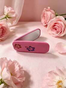 1pc Faux Leather Texture Mirror Phone Stand Makeup Mirror, Fashion Adhesive Foldable Mirror Back Sticker, Horizontal & Vertical Dual-Use Portable Desktop Stand - Multicolored Flowers - View 5