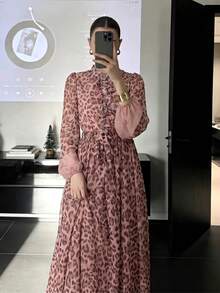 女士优雅现代全印花奢华时尚连衣裙，豹纹印花，优雅保守纽扣亮片拼接沙滩裙 - 藕粉色 - 查看 2