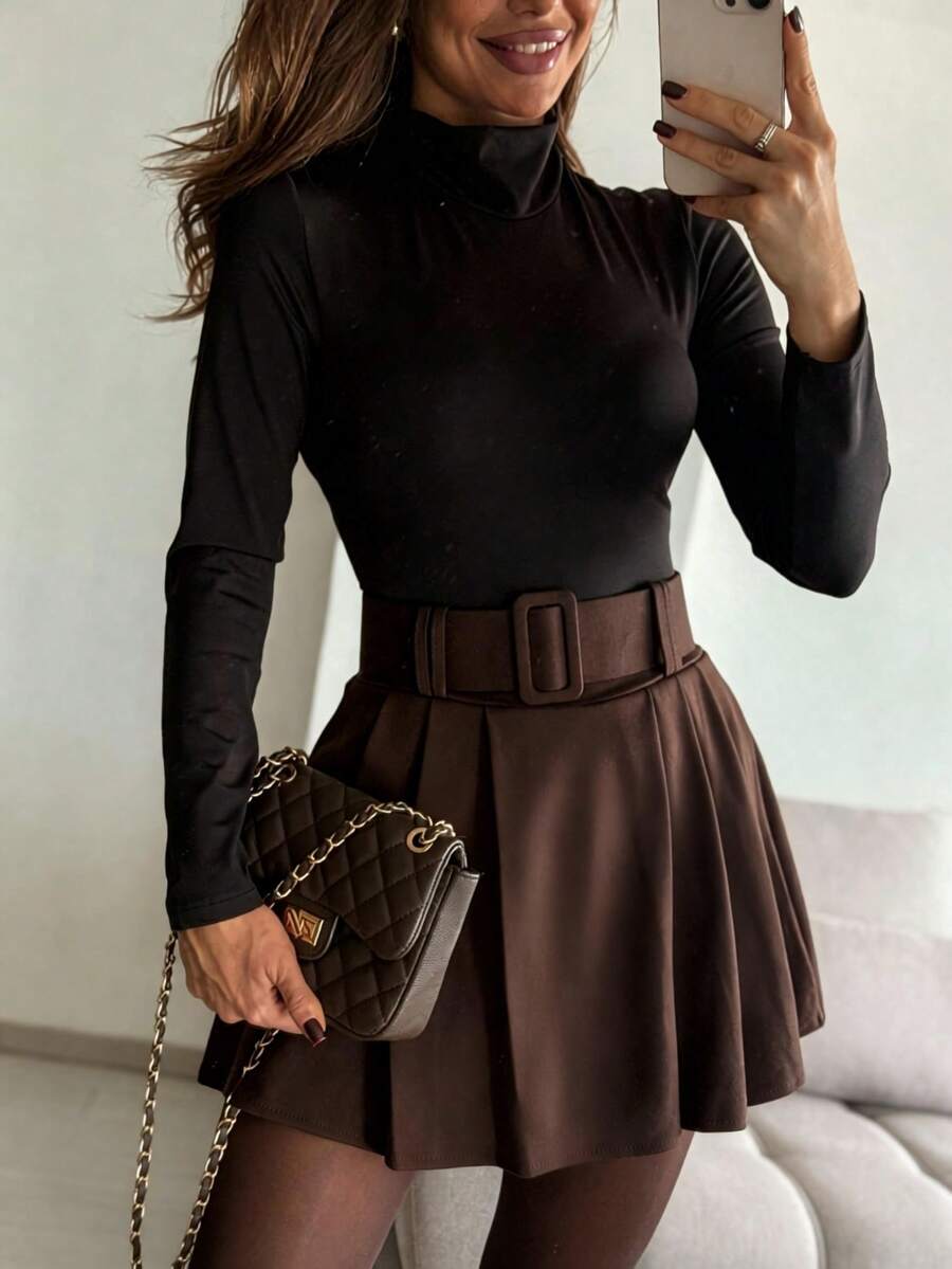 Mini Skirt With Built-In Shorts Lining, Zipper And Matching Belt, Elegant Autumn Skirt Suitable For Daily Wear, Office, Party And Holiday Occasions - Coffee Brown - View 1
