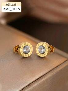 1 Pair Stainless Steel Small Roman Numeral Rhinestone Stud Earrings, Round Small Earrings, Suitable For Daily Wear - Yellow Gold - View 6