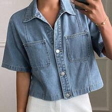 yonghongmaoyi1  Chaqueta vaquera de mujer de manga corta con bolsillo parche, estilo informal, lavada, con botones, para el verano - Azul - Ver 3