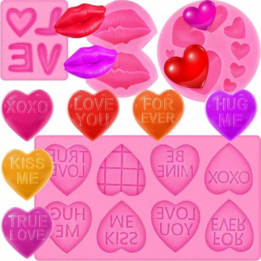 Juego de moldes para fondant para el da de San Valentn, moldes de fondant para boda, labios, corazn, rosa, carta de amor, moldes de silicona, herramienta para hornear para tartas, cupcakes, arcilla - Rosado - Ver 1