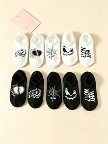 5 Pairs/10 Pairs Unisex Funny Expression Spider Web Letter Invisible Boat Socks, Suitable For Party, Travel, Vacation, Summer Outfits - Multicolor - View 3