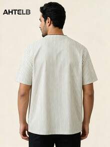 AHTELB Men's Summer Stand Collar Striped Short Sleeve Shirt, Thin Casual Button-Up Shirt, Contrast Color Collar, Daily Casual Wear Sports - White - View 2