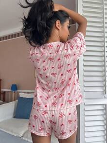 女士蝴蝶结爱心印花短袖短裤两件套睡衣 - 粉色 - 查看 2