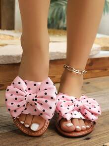 Sandales pour femmes style européen et américain avec décoration de grand nœud à pois, pois roses, mode d'été polyvalente décontractée plate pour la maison, les vacances et la plage - Rose pâle - Voir 3