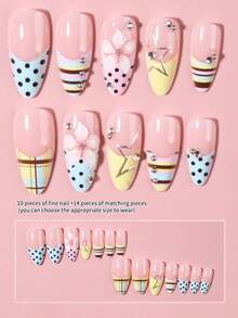 24pcs Long Almond French Press-On Fake Nails, 3D Gel Flower, Polka Dot, Stripe, Star Pattern, Rhinestone Decor, Acrylic Fake Nail Set, Includes: 1pc Jelly Glue And 1pc Nail File - Multicolor - View 4