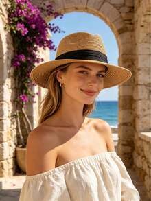 1 buah Topi Fedora Jerami Lipat, Topi Matahari Bertepi Lebar Pelindung UV, Cocok untuk Pantai, Perjalanan, dan Pemakaian Sehari-hari - beraneka warna - View 4