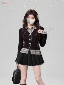 Checked Combination Top, Faux Double-Breasted, College Style, Bow Tie, Buttons, Slimming Effect, Women's. - Black - View 4