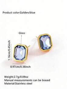 VceTd 1 Pair Fashionable Multi-Color Square Glass Design Stainless Steel Women's Stud Earrings Suitable For Daily Wear/Holiday Gift - Yellow Gold - View 14