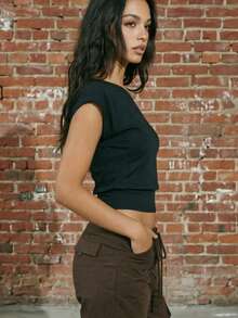 Women Off Shoulder T-Shirts Solid Color Short Sleeve Cinched Waist Cropped Going Out Tops For Summer - Black - View 5