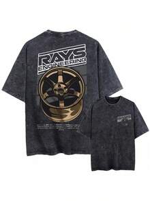 Camiseta lavada con agua a presión, unisex, vintage, negra, con diseño de rueda de ingeniería Rays RAYS Wheel. - Negro - Ver 2