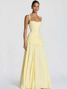 Elegant Women's Sleeveless Spaghetti Strap A-Line Maxi Dress, Sexy Backless Knit Fabric, Flared Hem Party Summer - Yellow - View 4