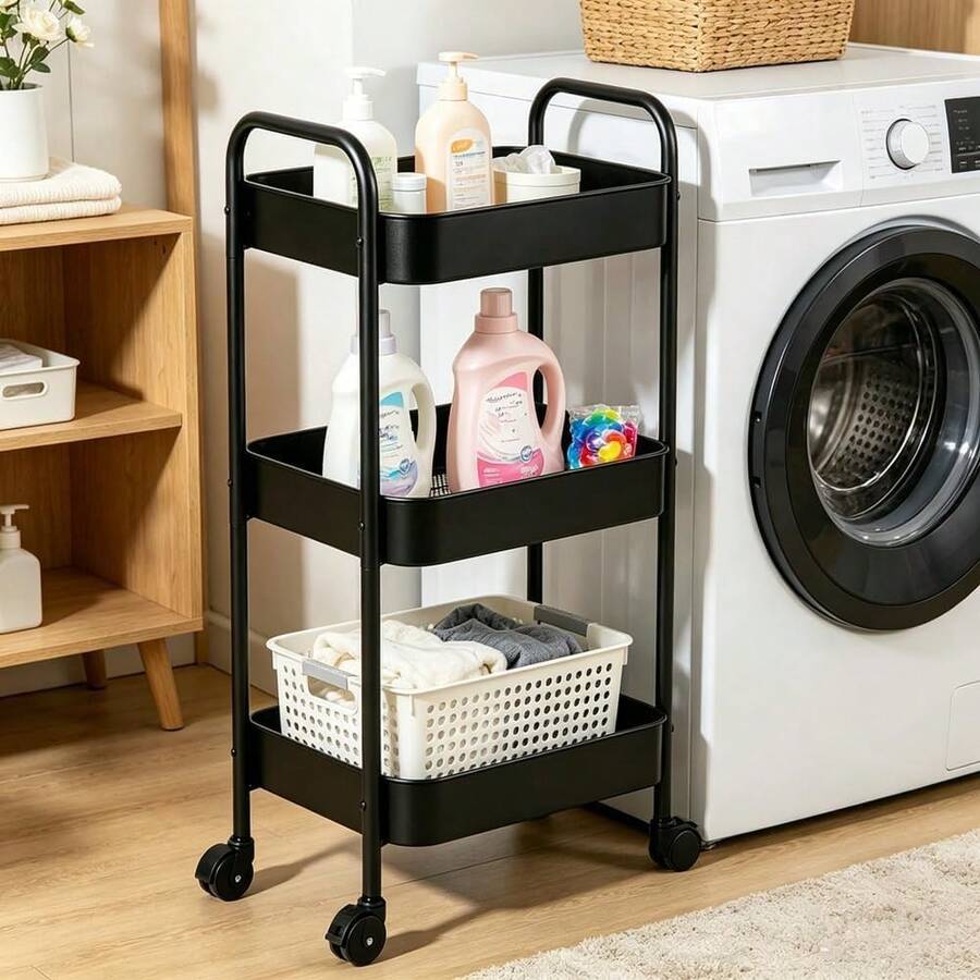 1 pieza/Carrito de almacenamiento móvil multifuncional con estante para huecos, snacks y libros - Negro - Ver 1