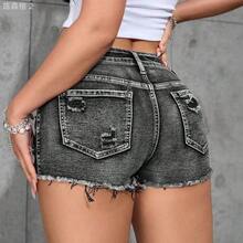 xuehuamaoyi02  PETITE Short de jean desgastado para mujer con bolsillos, informal y versátil - Lavado ligero - Ver 10