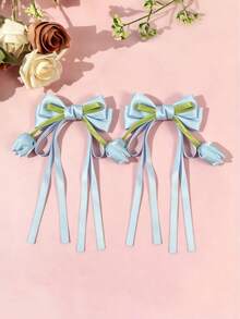 2 piezas Pinzas para el cabello con lazo de tulipán fresco y elegante con cinta de borla - Accesorios para el cabello de princesa versátiles y de alta gama para niñas - Multicolor - Ver 8