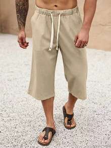 Celana Linen Pria 3/4, Lembut dan Nyaman, Cocok untuk Liburan Pantai, Jalan-jalan Santai, Hadiah yang Bagus untuk Pria - Khaki - View 5