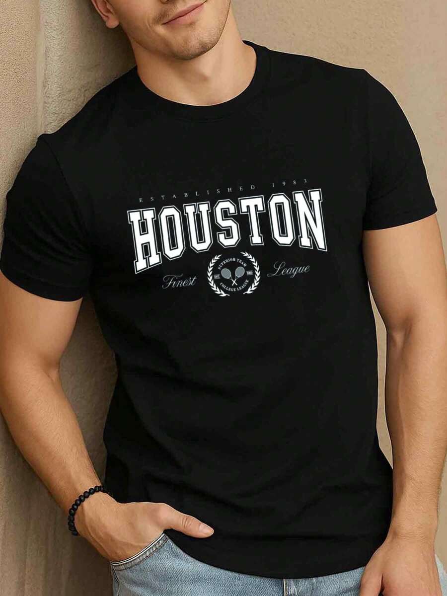 Camiseta de hombre con diseño de Houston, paquete de 1 - Ropa casual y deportiva de manga corta con estampados y letras, ajuste cómodo adecuado para todas las estaciones, disponible en talla - Negro - Ver 1