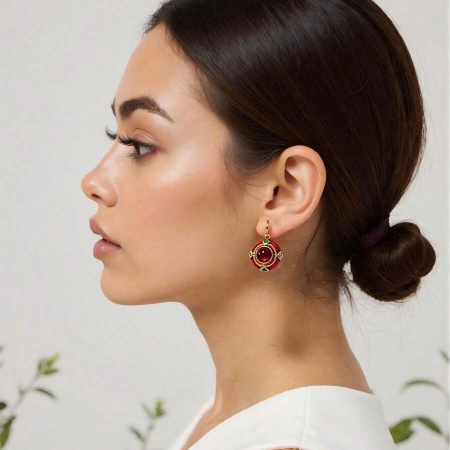 Vintage Royal Style Ruby Red Enamel Earrings, Niche Design Colorful Gemstone Embellished Ear Pendants - Red - View 1