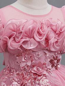 Young Girls Elegant Petal Sleeve Wedding Dress Princess Gown With Beaded Sequin 3D Floral Decor Fluffy Long Skirt, Suitable For Graduation Prom, Party Wear - Dusty Pink - View 8
